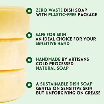 Zero Waste Natural Dish Soap Bar (Pack of 3 Bars) - Solid Vegan Dishwashing Block - Cold Processed, Eco Friendly Plastic Free Packaging with Sustainable Organic Ingredients for Kitchen