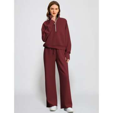 Casly Lamiit Lounge Sets for Women 2 Piece Outfits 2025 Long Sleeve Half Zip Sweatshirt Wide Leg Sweatpant Tracksuit Set Athletic Sweatsuits Fall Winter Travel Clothing Wine Red L