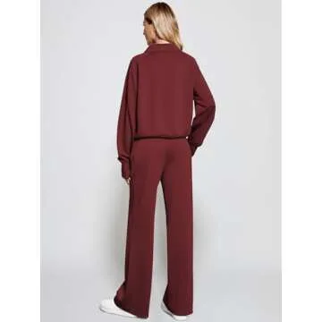 Casly Lamiit Lounge Sets for Women 2 Piece Outfits 2025 Long Sleeve Half Zip Sweatshirt Wide Leg Sweatpant Tracksuit Set Athletic Sweatsuits Fall Winter Travel Clothing Wine Red L