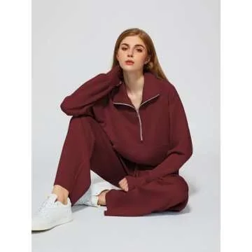Casly Lamiit Lounge Sets for Women 2 Piece Outfits 2025 Long Sleeve Half Zip Sweatshirt Wide Leg Sweatpant Tracksuit Set Athletic Sweatsuits Fall Winter Travel Clothing Wine Red L