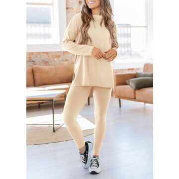 PRETTYGARDEN Women's 2 Piece Outfits Casual Long Sleeve Tunic Tops Legging Pants Matching Lounge Sets Sweatsuits (Beige,Medium)