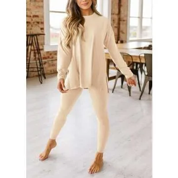 PRETTYGARDEN Women's 2 Piece Outfits Casual Long Sleeve Tunic Tops Legging Pants Matching Lounge Sets Sweatsuits (Beige,Medium)