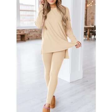PRETTYGARDEN Women's 2 Piece Outfits Casual Long Sleeve Tunic Tops Legging Pants Matching Lounge Sets Sweatsuits (Beige,Medium)