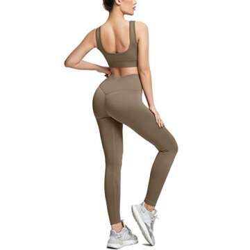 OLCHEE Women's 2 Piece Tracksuit Workout Outfits - Seamless High Waist Leggings and Stretch Sports Bra Yoga Activewear Set - Brown Size M