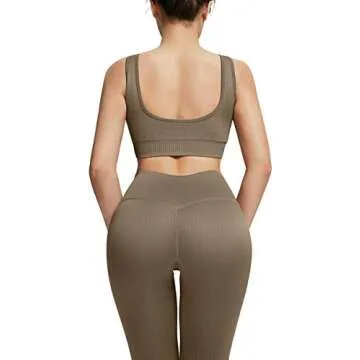OLCHEE Women's 2 Piece Tracksuit Workout Outfits - Seamless High Waist Leggings and Stretch Sports Bra Yoga Activewear Set - Brown Size M