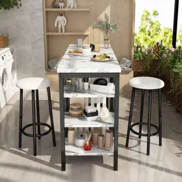 AWQM Stylish 3-Piece Home Bar Table Set with Storage Shelves and Upholstered Stools