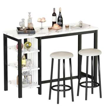 AWQM Home Bar Table Set of 2, 47" White Faux Marble Dining Set with Storage Shelves and Upholstered Leather Bar Height Stools, 3-Piece Kitchen Table for 2 People, Space Saving Table (White & Black)