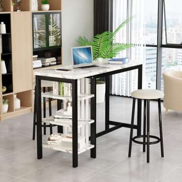 AWQM Home Bar Table Set of 2, 47" White Faux Marble Dining Set with Storage Shelves and Upholstered Leather Bar Height Stools, 3-Piece Kitchen Table for 2 People, Space Saving Table (White & Black)