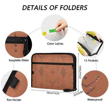 Western Bull Boho Expanding File Folder with Sticky Labels, 13 Pockets Accordion File Folder Document Organizer Expandable Zip File Folder with Zipper Closure