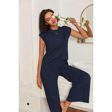 Ekouaer Lounge Sets for Women Two Piece Outfits Knit Cap Sleeve Tops Wide Leg Pleated Pants Casual Dressy Sweater Sets Navy Blue