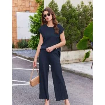 Ekouaer Lounge Sets for Women Two Piece Outfits Knit Cap Sleeve Tops Wide Leg Pleated Pants Casual Dressy Sweater Sets Navy Blue