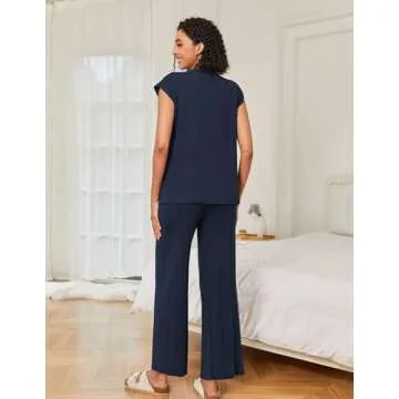 Ekouaer Lounge Sets for Women Two Piece Outfits Knit Cap Sleeve Tops Wide Leg Pleated Pants Casual Dressy Sweater Sets Navy Blue