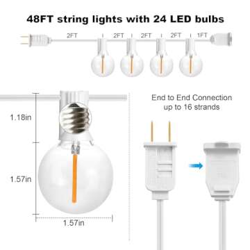SUNTHIN White Outdoor String Lights, 48FT White Patio Lights with 25 G40 Shatterproof LED Bulbs(1 Sp...