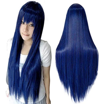 Anogol Hair Cap+32Inch/80cm Dark Blue Wig Long Cosplay Wig for Women Peluca Larga Azul Oscuro straig...