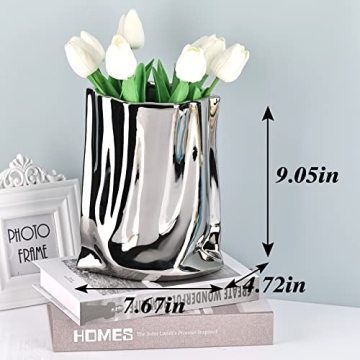 XIYOUQI Silver Ceramic Vase with Pleated Design – 9.05 Inch