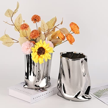 XIYOUQI Silver Ceramic Vase with Pleated Design – 9.05 Inch