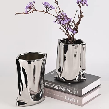 XIYOUQI Silver Ceramic Vase with Pleated Design – 9.05 Inch