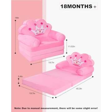 MOONBEEKI Kids Foldable Sofa Bed, Princess Chair for Toddlers 1-3, Pink Cartoon Shape, High Density Foam, Fold Out Couch for Bedroom, Sofa Bed for Girls, 15.1x19.7x2.4 inches, 4.4 lbs