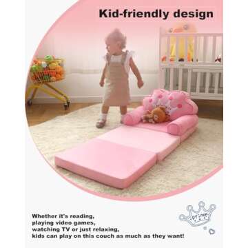 MOONBEEKI Kids Foldable Sofa Bed, Princess Chair for Toddlers 1-3, Pink Cartoon Shape, High Density Foam, Fold Out Couch for Bedroom, Sofa Bed for Girls, 15.1x19.7x2.4 inches, 4.4 lbs