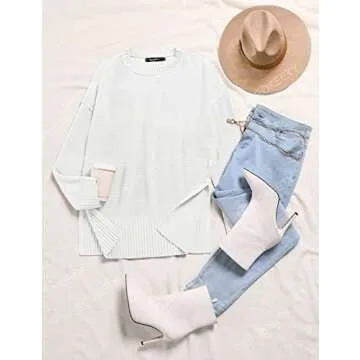 MEROKEETY Women's 2025 Fall Winter Casual Oversized Pullover Sweater Loose Crew Neck Long Sleeve Side Split Jumper Top, White, XL