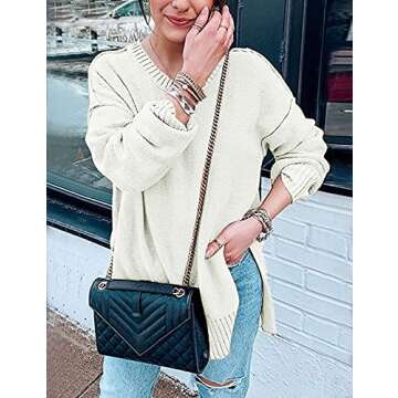 MEROKEETY Women's 2025 Fall Winter Casual Oversized Pullover Sweater Loose Crew Neck Long Sleeve Side Split Jumper Top, White, XL