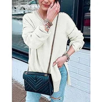 MEROKEETY Women's 2025 Fall Winter Casual Oversized Pullover Sweater Loose Crew Neck Long Sleeve Side Split Jumper Top, White, XL