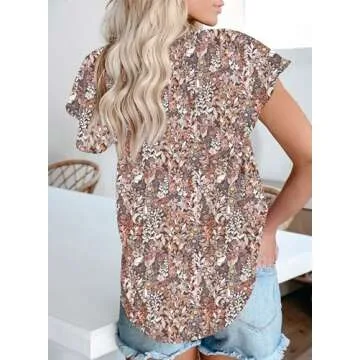 Dokotoo Womens Boho Tops and Blouses Floral Printed Cap Sleeve V Neck Ladies Summer Chiffon Shirts with Drawstring Medium Khaki