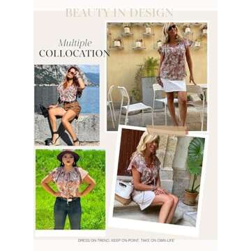 Dokotoo Womens Boho Tops and Blouses Floral Printed Cap Sleeve V Neck Ladies Summer Chiffon Shirts with Drawstring Medium Khaki
