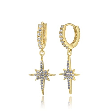 GOVENUS 14K Gold Plated Cubic Zirconia Dainty Lightweight Huggie Hoop Earrings With Star Dangle Drop...