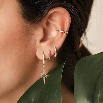 GOVENUS 14K Gold Plated Sparkling Star Hoop Earrings for Women