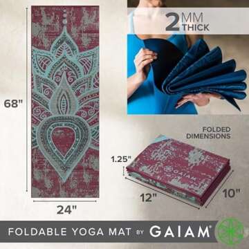 Gaiam Yoga Mat Folding Travel Fitness & Exercise | Foldable for All Types of Yoga, Pilates Floor Workouts, Be Free, 2mm
