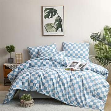 Wellboo Blue White Plaid Comforter Sets Queen Women Men Light Blue and White Checkerboard Grid Beddi...