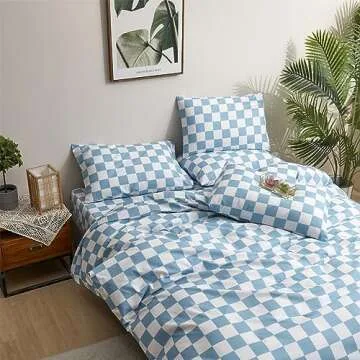 Wellboo Blue White Plaid Comforter Sets Queen Women Men Light Blue and White Checkerboard Grid Bedding Comforters Cotton Boys Girls Modern Dusty Blue Checkered Geometric Quilts Luxury Sky Blue Bed