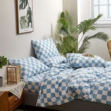 Wellboo Blue White Plaid Comforter Sets Queen Women Men Light Blue and White Checkerboard Grid Bedding Comforters Cotton Boys Girls Modern Dusty Blue Checkered Geometric Quilts Luxury Sky Blue Bed