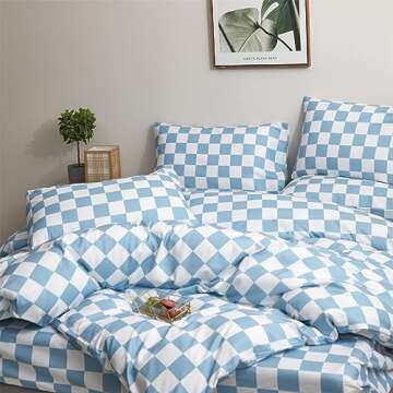 Wellboo Blue White Plaid Comforter Sets Queen Women Men Light Blue and White Checkerboard Grid Bedding Comforters Cotton Boys Girls Modern Dusty Blue Checkered Geometric Quilts Luxury Sky Blue Bed