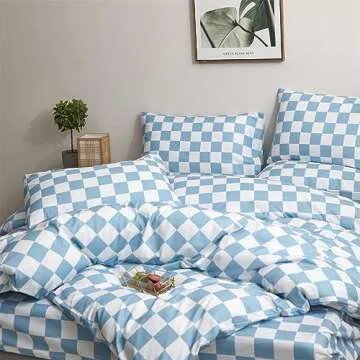 Wellboo Blue White Plaid Comforter Sets Queen Women Men Light Blue and White Checkerboard Grid Bedding Comforters Cotton Boys Girls Modern Dusty Blue Checkered Geometric Quilts Luxury Sky Blue Bed