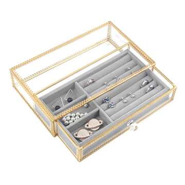 DesignSter Clear Glass Jewelry Box with Removable Velvet Drawer Tray - Vanity Vintage Metal Brass Lace Edged Jewellery Display Dust-proof Organizer for Earring Ring Necklace, etc