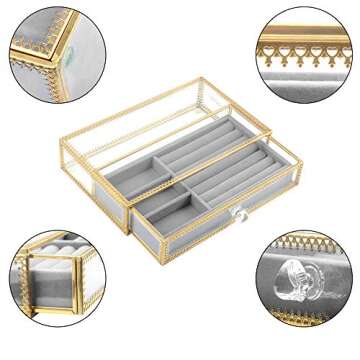 DesignSter Clear Glass Jewelry Box with Removable Velvet Drawer Tray - Vanity Vintage Metal Brass Lace Edged Jewellery Display Dust-proof Organizer for Earring Ring Necklace, etc