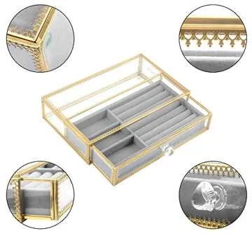 DesignSter Clear Glass Jewelry Box with Removable Velvet Drawer Tray - Vanity Vintage Metal Brass Lace Edged Jewellery Display Dust-proof Organizer for Earring Ring Necklace, etc