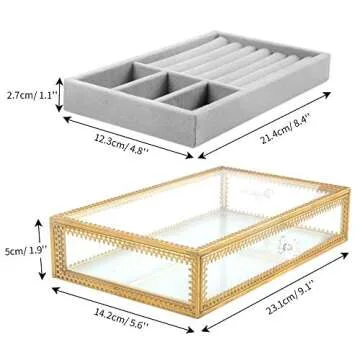 DesignSter Clear Glass Jewelry Box with Removable Velvet Drawer Tray - Vanity Vintage Metal Brass Lace Edged Jewellery Display Dust-proof Organizer for Earring Ring Necklace, etc
