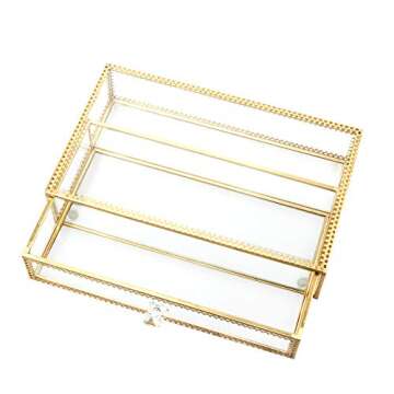 DesignSter Clear Glass Jewelry Box with Removable Velvet Drawer Tray - Vanity Vintage Metal Brass Lace Edged Jewellery Display Dust-proof Organizer for Earring Ring Necklace, etc