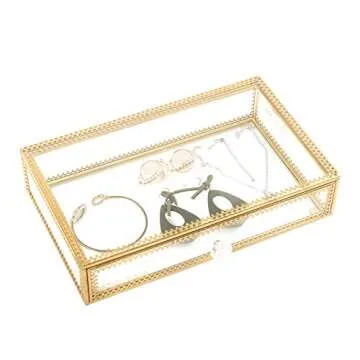DesignSter Clear Glass Jewelry Box with Removable Velvet Drawer Tray - Vanity Vintage Metal Brass Lace Edged Jewellery Display Dust-proof Organizer for Earring Ring Necklace, etc