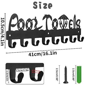 Kuhome Pool Towel Rack Outdoor Pool Towel Storage Hooks Wall Mount Towel Holder for Pool Area Outside Towel Organizer for Pool Decor Metal Towel Hanger Pool Accessories Matte Black