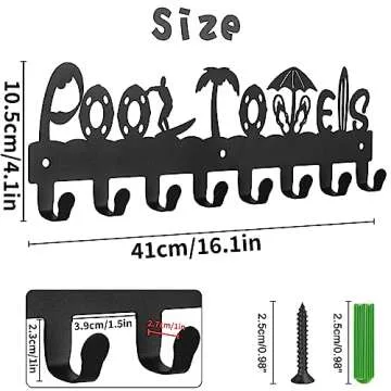 Kuhome Pool Towel Rack Outdoor Pool Towel Storage Hooks Wall Mount Towel Holder for Pool Area Outside Towel Organizer for Pool Decor Metal Towel Hanger Pool Accessories Matte Black