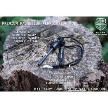 Swiss Safe 5-in-1 Magnesium Ferro Rod Fire Starter Survival Tool - Flint & Steel Striker, Compass, Paracord & Whistle - Emergency Kit for Backpacking, Camping, Hiking - All-Weather - Black, 2-Pack