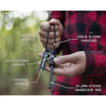 Swiss Safe 5-in-1 Magnesium Ferro Rod Fire Starter Survival Tool - Flint & Steel Striker, Compass, Paracord & Whistle - Emergency Kit for Backpacking, Camping, Hiking - All-Weather - Black, 2-Pack