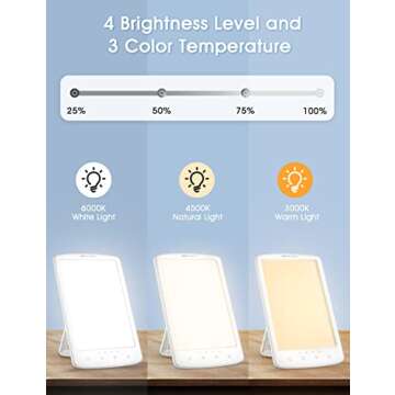 Light Therapy Lamp, UV-Free 10000Lux Therapy Light, Sunlight Lamp with 3 Color Temperature & 4 Brightness Levels, 4 Timer with Memory Function, Touch Control & Compact Size