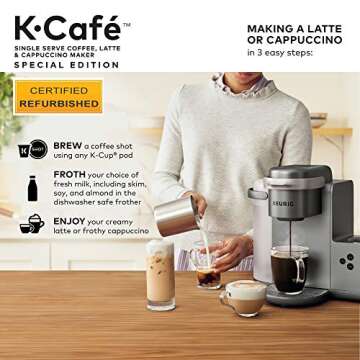 Keurig K-Cafe Special Edition Coffee Maker, Single Serve K-Cup Pod Coffee, Latte and Cappuccino Maker, Comes with Dishwasher Safe Milk Frother, Coffee Shot Capability, Nickel (Renewed)