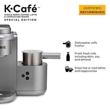 Keurig K-Cafe Special Edition Coffee Maker, Single Serve K-Cup Pod Coffee, Latte and Cappuccino Maker, Comes with Dishwasher Safe Milk Frother, Coffee Shot Capability, Nickel (Renewed)