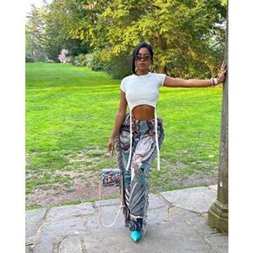 NIFTRIRY Women Hippie Tassel Pattern Printing Elastic Pants Folk Style Ninth Straight Pants Party Mu...